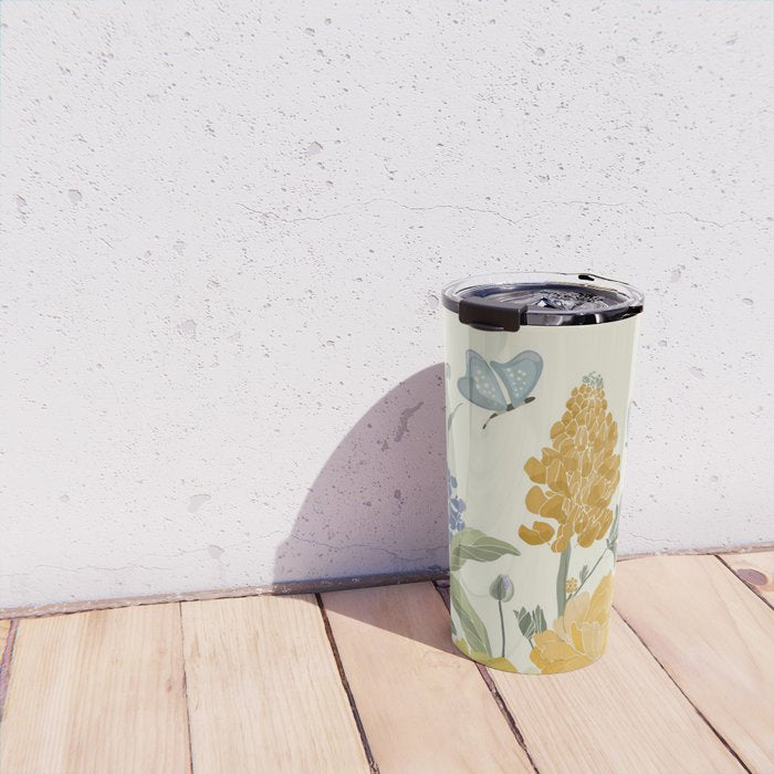 Wildflowers and Butterflies, Floral Prints, Yellow and Blue Travel Mug Gallery Image 4