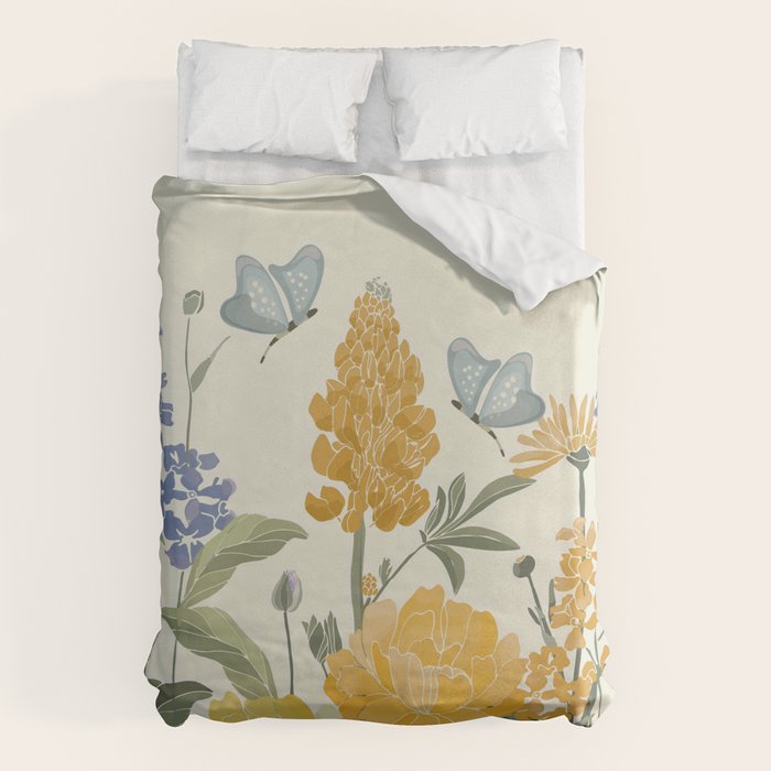 Wildflowers and Butterflies, Floral Prints, Yellow and Blue Duvet Cover Gallery Image 6