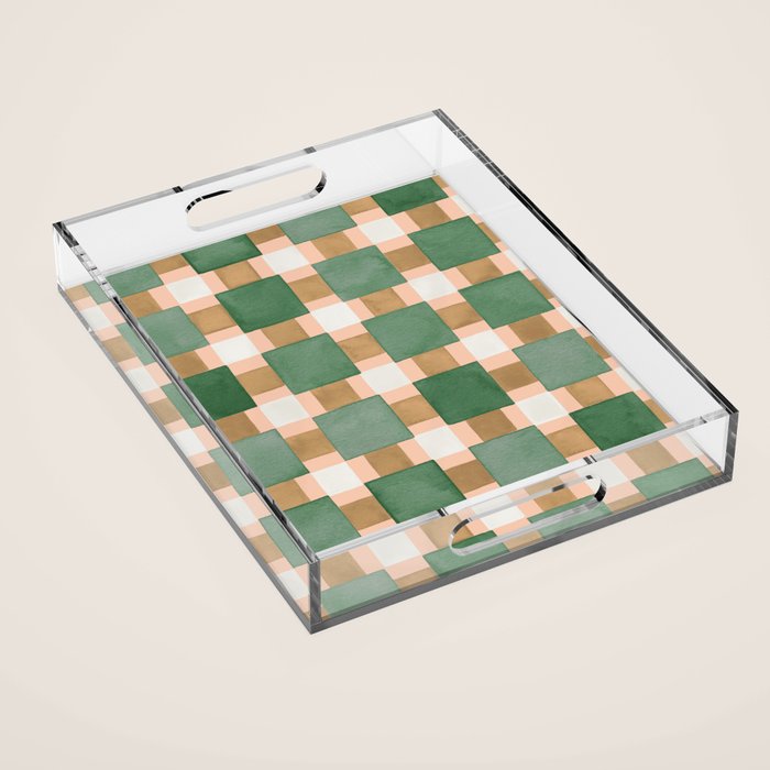 Retro plaid checks geometry Green Ocre Acrylic Tray Gallery Image 1