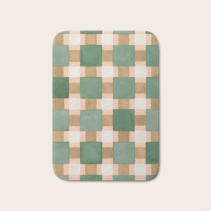 Retro plaid checks geometry Green Ocre Bath Mat Gallery Image 1