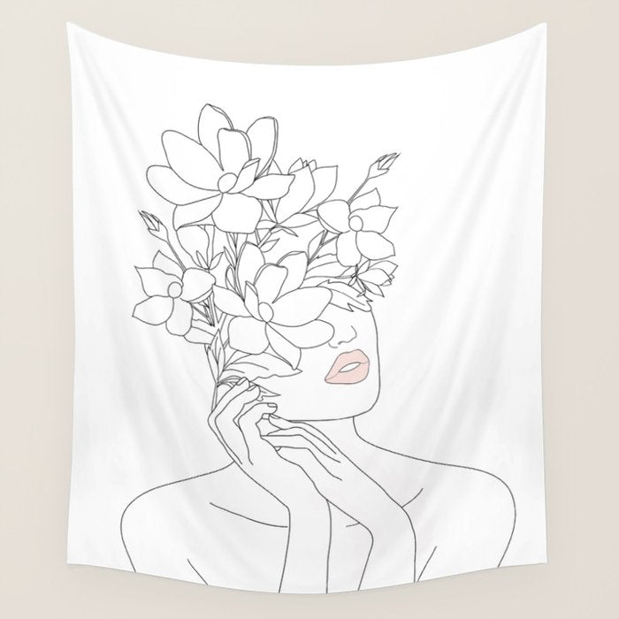 Minimal Line Art Woman with Magnolia Wall Tapestry Gallery Image 4