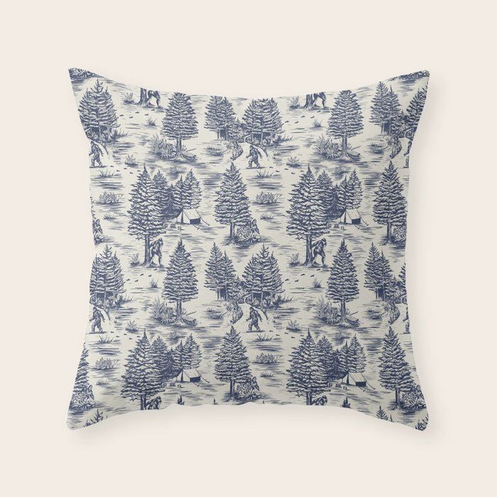 Bigfoot / Sasquatch Toile de Jouy in Blue Throw Pillow Gallery Image 6