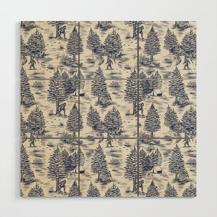 Bigfoot / Sasquatch Toile de Jouy in Blue Wood Wall Art Gallery Image 1