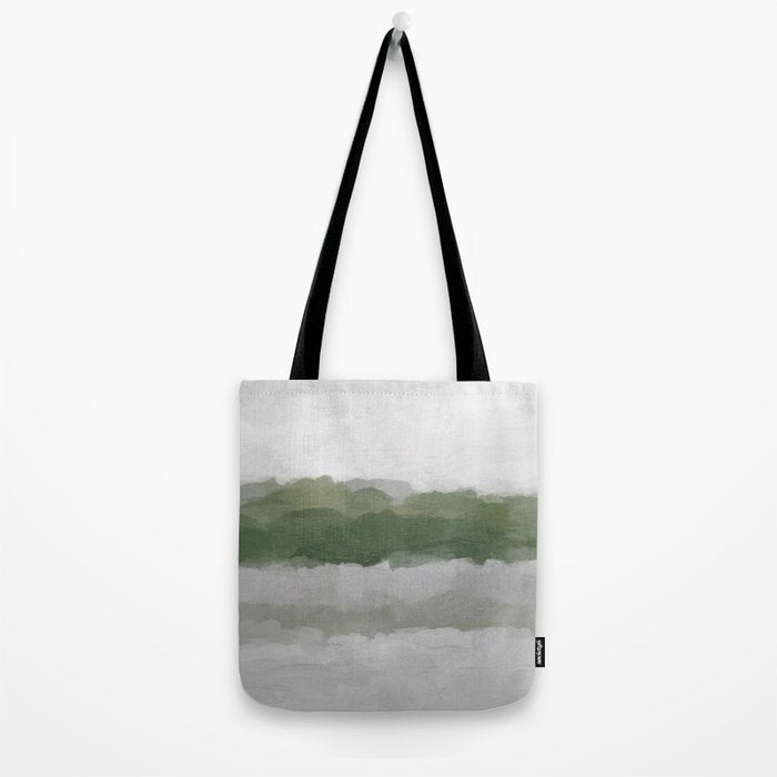 Marsh Clouds - Green Grass Moss Nature Gray Cloudy Horizon Abstract Painting Art Print Wall Decor  Tote Bag Gallery Image 2