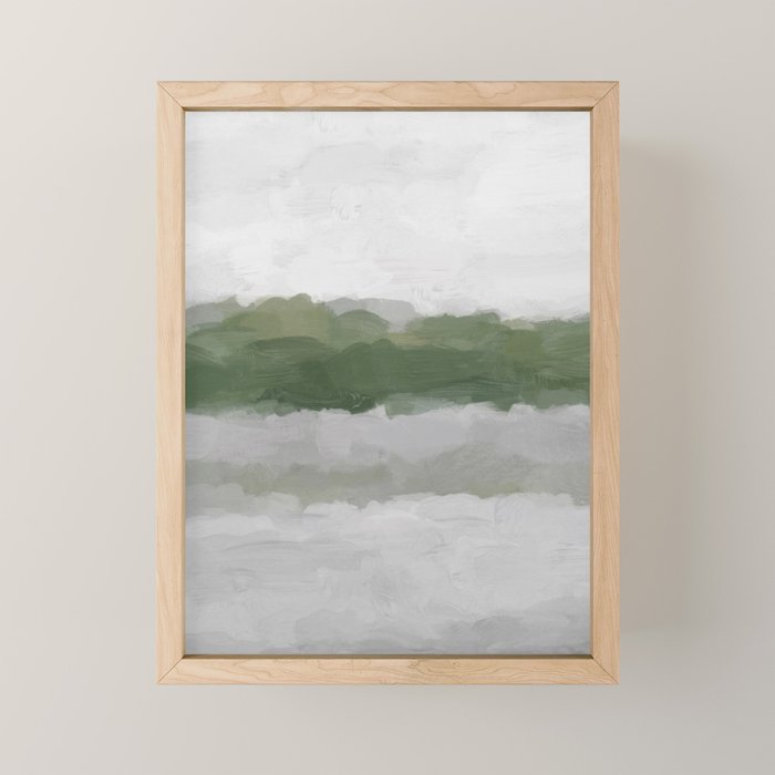 Marsh Clouds - Green Grass Moss Nature Gray Cloudy Horizon Abstract Painting Art Print Wall Decor  Mini Art Print Gallery Image 1