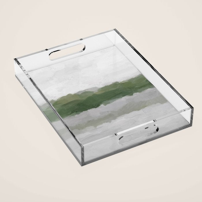 Marsh Clouds - Green Grass Moss Nature Gray Cloudy Horizon Abstract Painting Art Print Wall Decor  Acrylic Tray Gallery Image 1