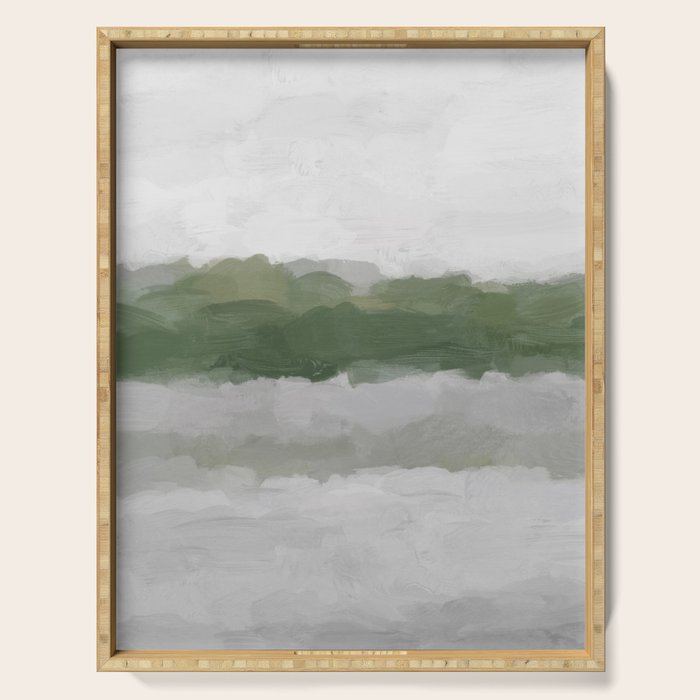 Marsh Clouds - Green Grass Moss Nature Gray Cloudy Horizon Abstract Painting Art Print Wall Decor  Serving Tray Gallery Image 1