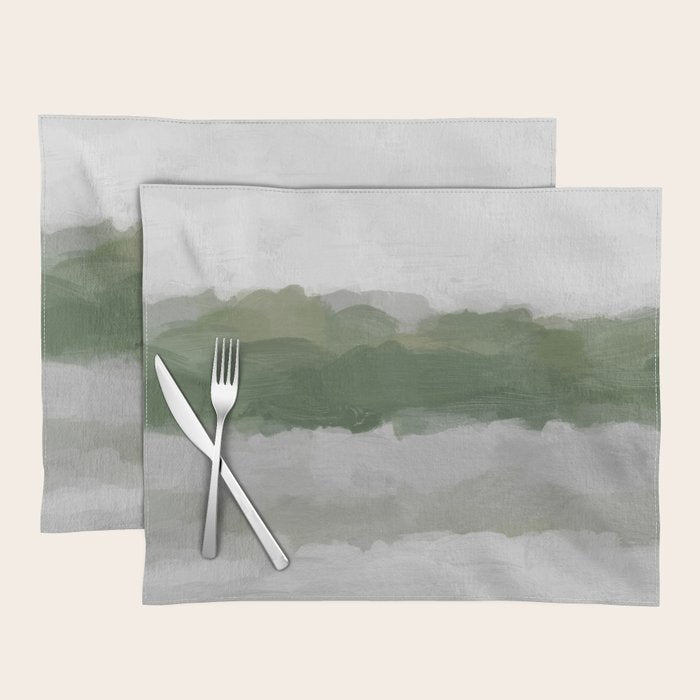 Marsh Clouds - Green Grass Moss Nature Gray Cloudy Horizon Abstract Painting Art Print Wall Decor  Placemat Gallery Image 1