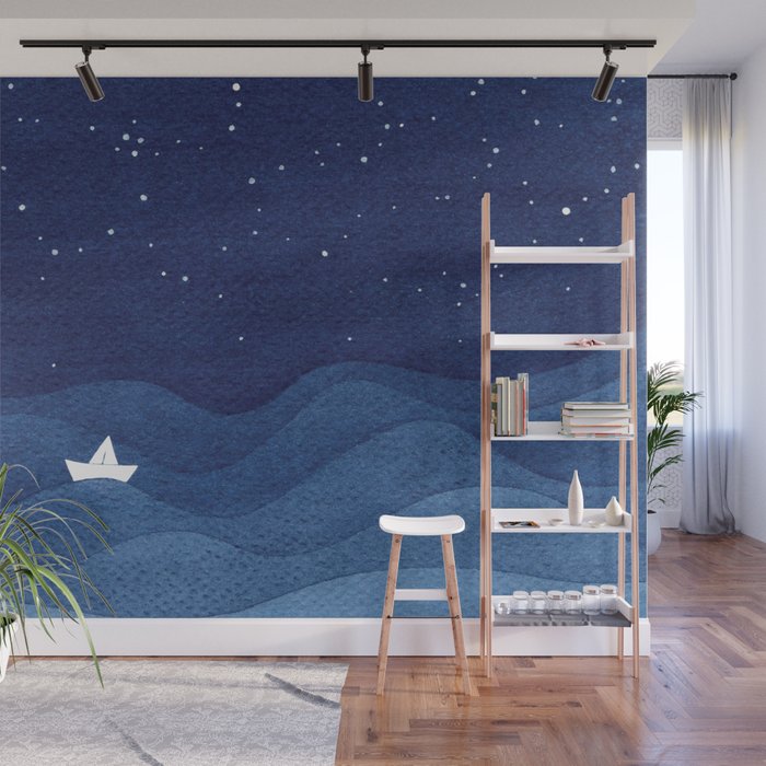 blue ocean waves, sailboat ocean stars Wall Mural Gallery Image 1