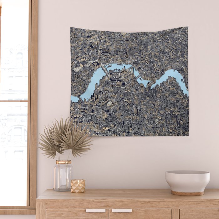 London color map city drawing illustration Thames Wall Tapestry Gallery Image 2