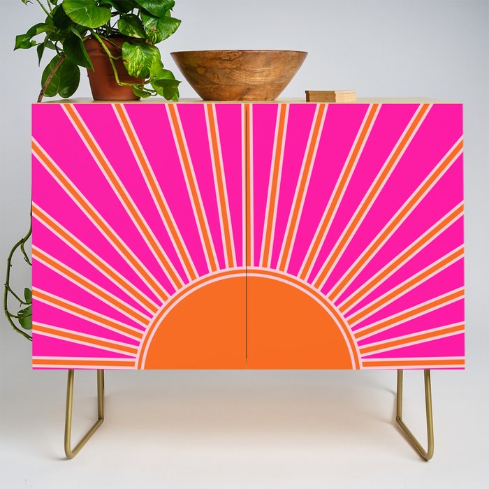 Sun Print Sunrise Hot Pink And Orange Sunshine Retro Sun Wall Art Vintage Boho Abstract Modern Decor Credenza Gallery Image 1