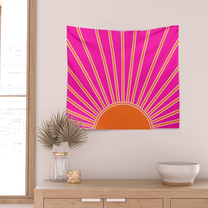 Sun Print Sunrise Hot Pink And Orange Sunshine Retro Sun Wall Art Vintage Boho Abstract Modern Decor Wall Tapestry Gallery Image 2