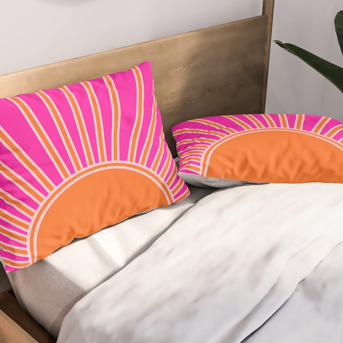 Sun Print Sunrise Hot Pink And Orange Sunshine Retro Sun Wall Art Vintage Boho Abstract Modern Decor Pillow Sham Gallery Image 2