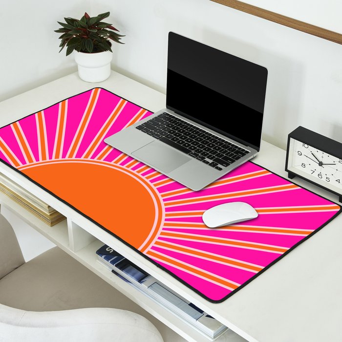 Sun Print Sunrise Hot Pink And Orange Sunshine Retro Sun Wall Art Vintage Boho Abstract Modern Decor Desk Mat Gallery Image 2