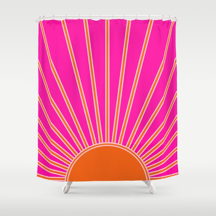 Sun Print Sunrise Hot Pink And Orange Sunshine Retro Sun Wall Art Vintage Boho Abstract Modern Decor Shower Curtain Gallery Image 1