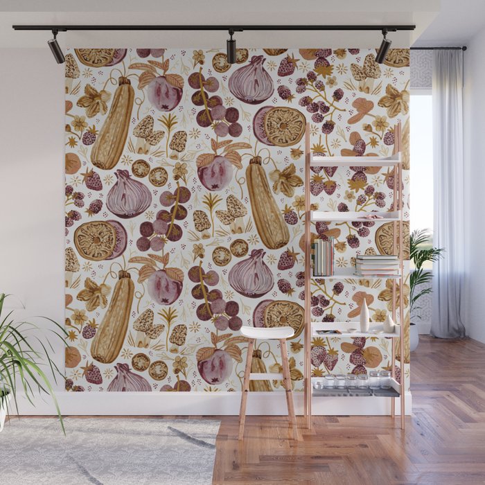 Garden Vegetables & Fresh Fruit in Ochre & Burgundy Wall Mural Gallery Image 1