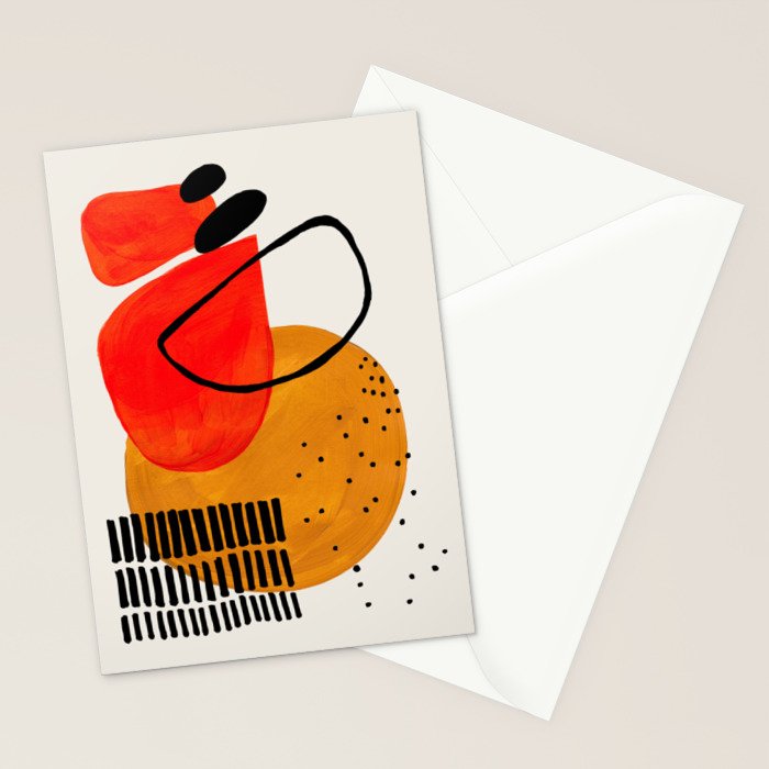Mid Century Modern Abstract Colorful Art Yellow Ball Orange Shapes Orbit Black Pattern Stationery Card Gallery Image 2