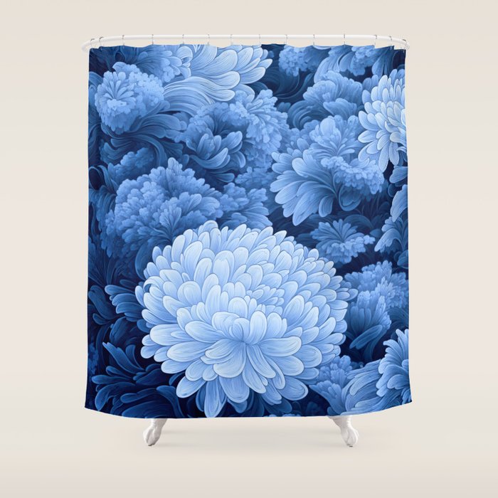 Floral Art Navy Blue Botanical Wall Art Maximalist Poster Dopamine Decor Flower Pattern Gift for Her Shower Curtain Gallery Image 1