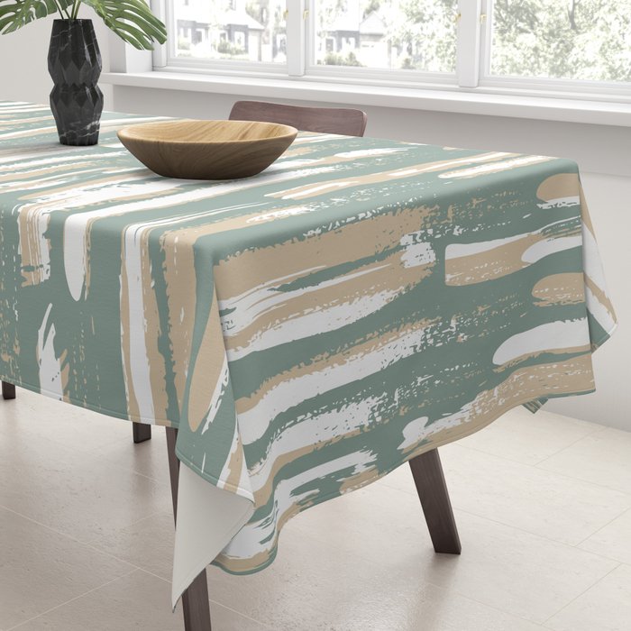 Colorful Stripes, Green and Beige, Abstract Art Tablecloth Gallery Image 3