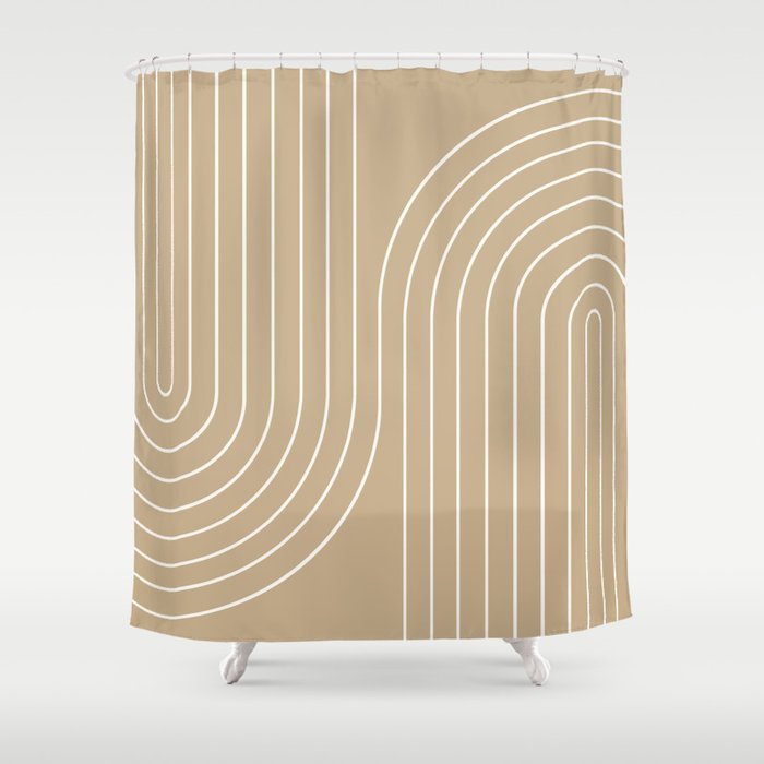 Minimal Line Curvature LXXXV Neutral Tan Mid Century Modern Arch Abstract Shower Curtain Gallery Image 1