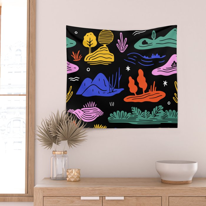 Colorful nature landscape doodle pattern Wall Tapestry Gallery Image 2