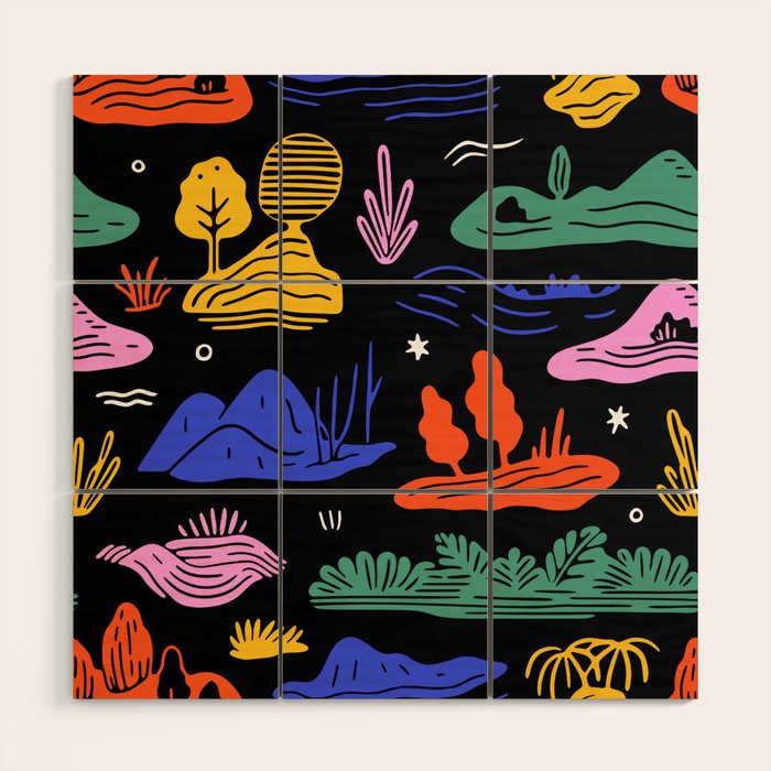 Colorful nature landscape doodle pattern Wood Wall Art Gallery Image 1