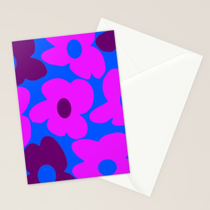 Large Pink and Purple Retro Flowers Blue Background #decor #society6 #buyart Stationery Card Gallery Image 2