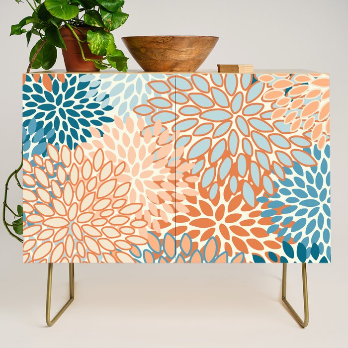 Festive, Floral Prints, Blooms, Orange, Teal Credenza Gallery Image 1