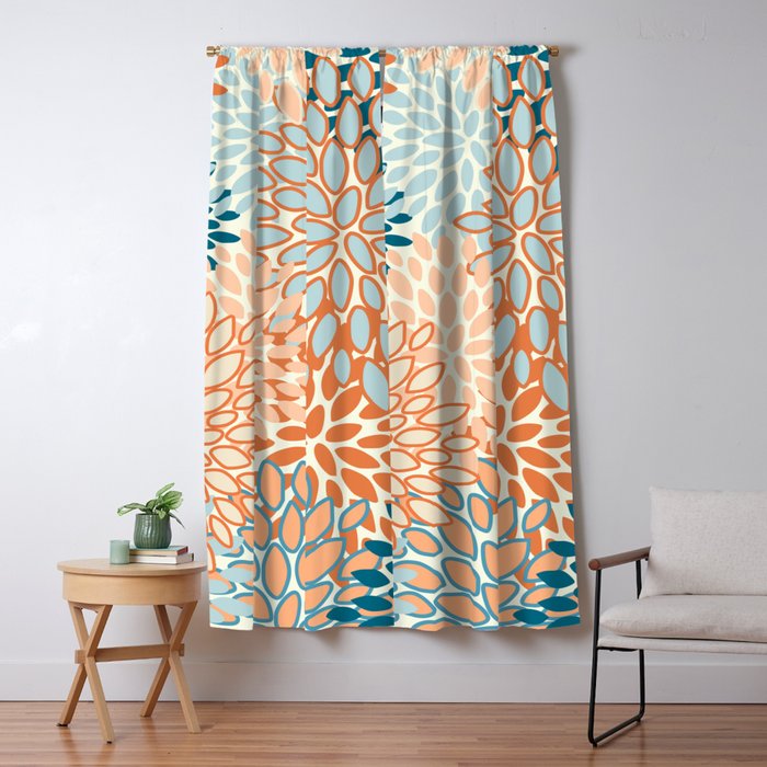 Festive, Floral Prints, Blooms, Orange, Teal Window Curtain Gallery Image 5
