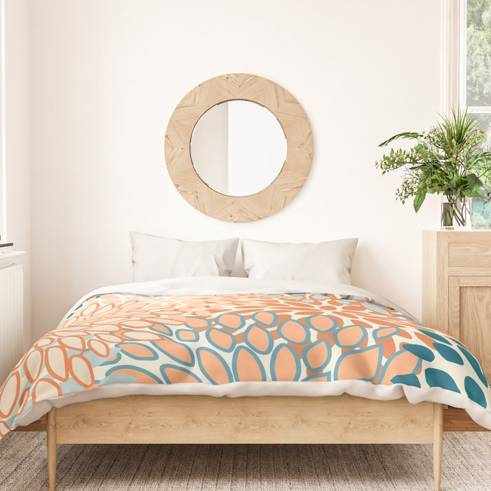 Festive, Floral Prints, Blooms, Orange, Teal Duvet Cover Gallery Image 3