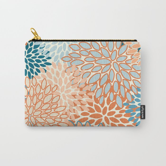 Festive, Floral Prints, Blooms, Orange, Teal Carry All Pouch Gallery Image 1