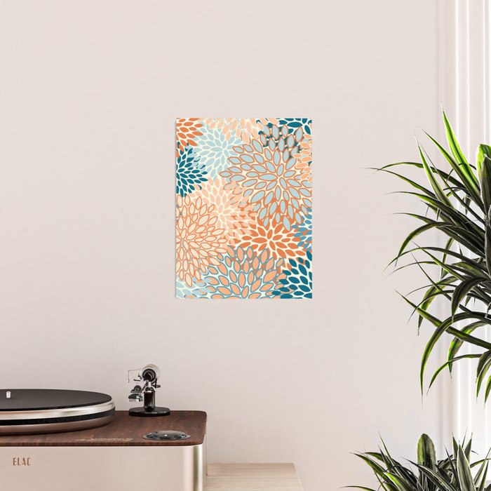 Festive, Floral Prints, Blooms, Orange, Teal Poster Gallery Image 2