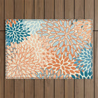 Festive, Floral Prints, Blooms, Orange, Teal Outdoor Rug Gallery Image 1