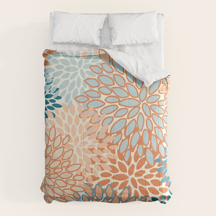 Festive, Floral Prints, Blooms, Orange, Teal Comforter Gallery Image 6