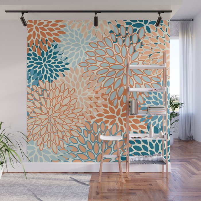 Festive, Floral Prints, Blooms, Orange, Teal Wall Mural Gallery Image 1