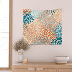 Festive, Floral Prints, Blooms, Orange, Teal Wall Tapestry Gallery Image 2