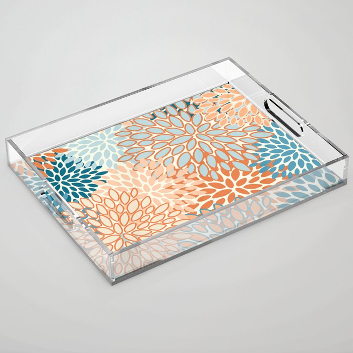 Festive, Floral Prints, Blooms, Orange, Teal Acrylic Tray Gallery Image 1