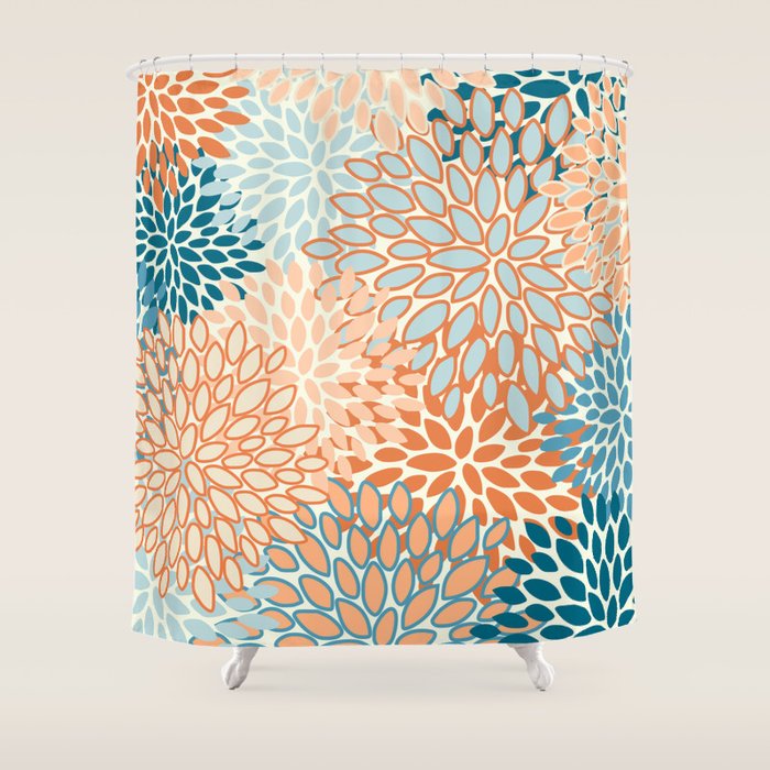 Festive, Floral Prints, Blooms, Orange, Teal Shower Curtain Gallery Image 1