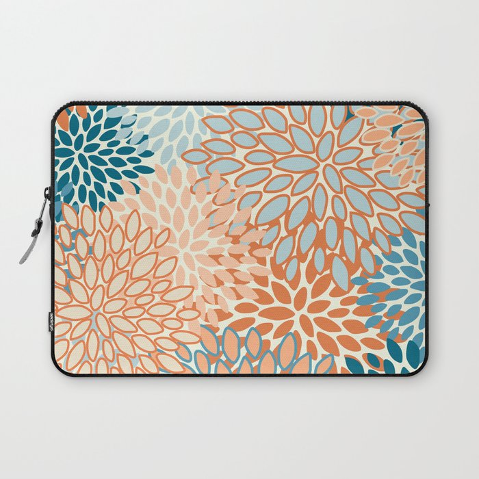 Festive, Floral Prints, Blooms, Orange, Teal Laptop Sleeve Gallery Image 1