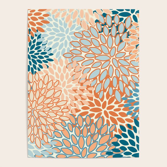 Festive, Floral Prints, Blooms, Orange, Teal Poster Gallery Image 4