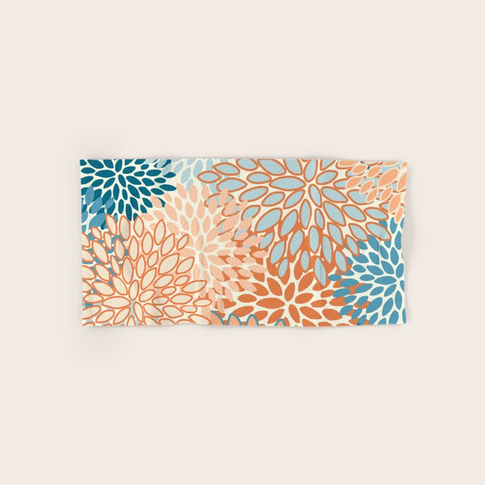 Festive, Floral Prints, Blooms, Orange, Teal Bath Towel Gallery Image 1