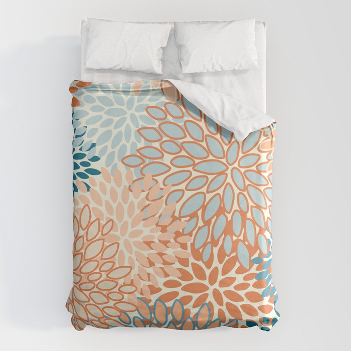Festive, Floral Prints, Blooms, Orange, Teal Duvet Cover Gallery Image 6