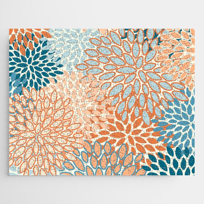 Festive, Floral Prints, Blooms, Orange, Teal Jigsaw Puzzle Gallery Image 1