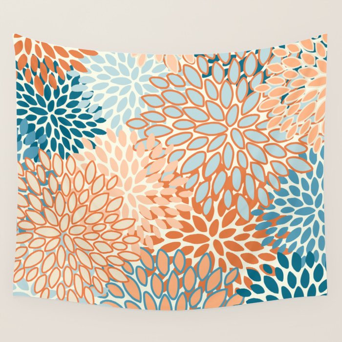 Festive, Floral Prints, Blooms, Orange, Teal Wall Tapestry Gallery Image 1