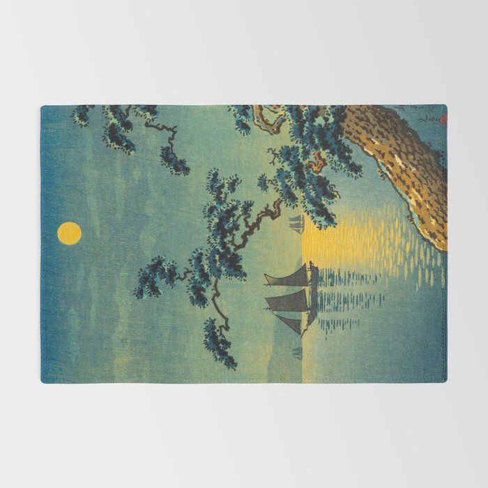 Tsuchiya Koitsu Maiko Seashore Japanese Woodblock Print Night Time Moon Over Ocean Sailboat Rug Gallery Image 2