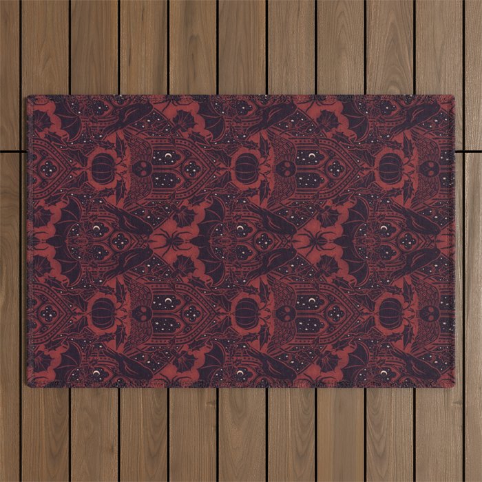 Gothic Halloween Damask - Red black and white  Outdoor Rug Gallery Image 1