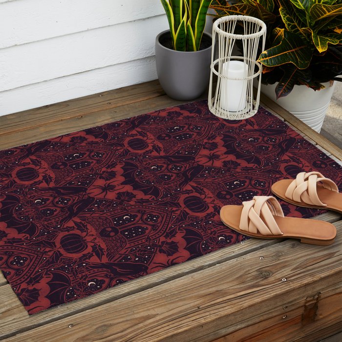 Gothic Halloween Damask - Red black and white  Outdoor Rug Gallery Image 2