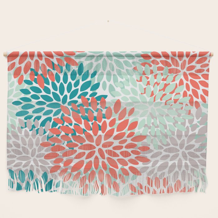 Floral Pattern, Orange, Teal, Mint Green, Flower Print Wall Hanging Gallery Image 1