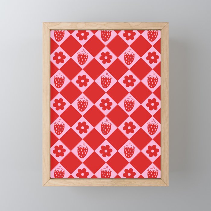 Flowers And Strawberry Pink & Red Checker Mini Art Print Gallery Image 1