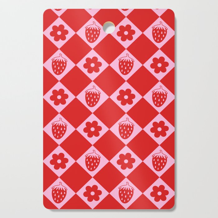 Flowers And Strawberry Pink & Red Checker Cutting Board Gallery Image 1